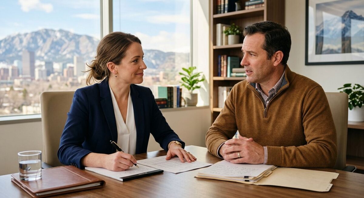 Family law attorney in navy suit meeting with parent in Denver office, Rocky Mountains visible through window, warm natural light
