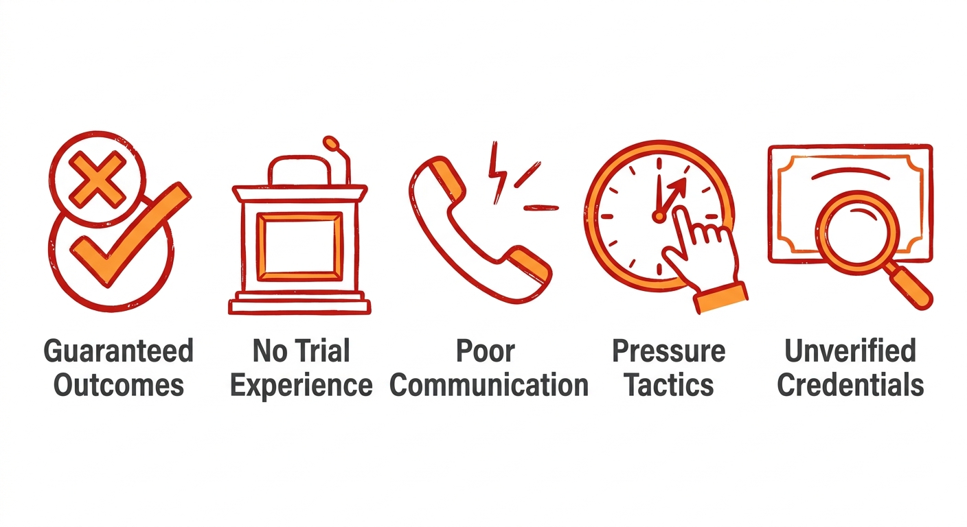 Five warning icons in a row, each representing a red flag when selecting a criminal defense attorney, with labels in dark gray.