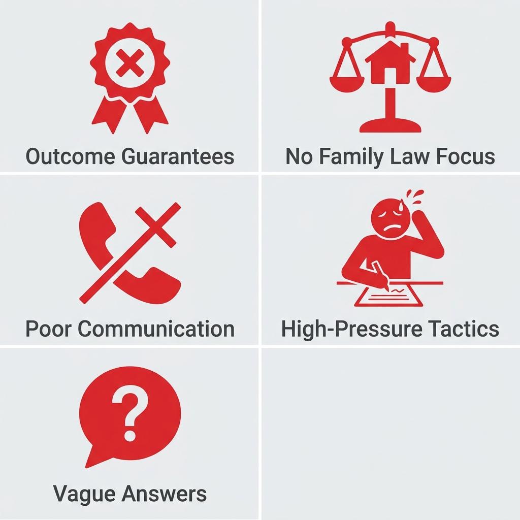 Icon set showing five warning signs to avoid when hiring a divorce lawyer, including outcome guarantees, lack of family law focus, poor communication, high-pressure tactics, and vague answers
