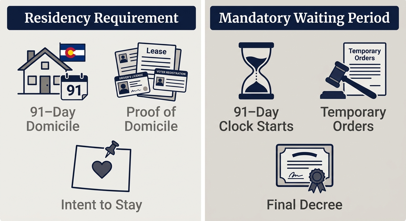 Two‑column infographic showing Colorado divorce legal requirements: Residency Requirement and Mandatory Waiting Period with three steps