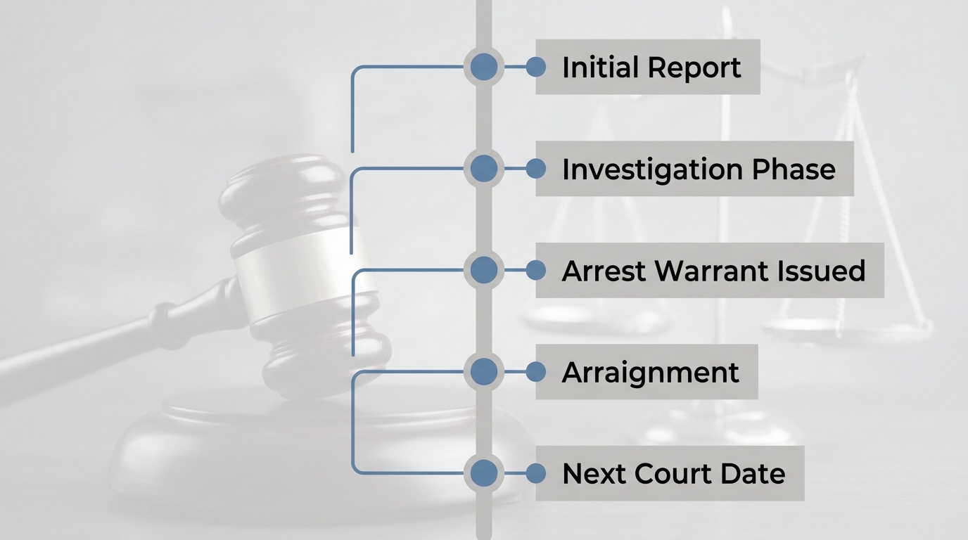 Vertical timeline showing five stages of a sex crime case in Denver: Initial Report, Investigation Phase, Arrest Warrant Issued, Arraignment, and Next Court Date, with muted blue and gray legal-themed design.