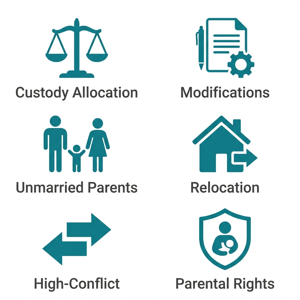 Icon set showing six child custody legal services offered by Decker & Jones.