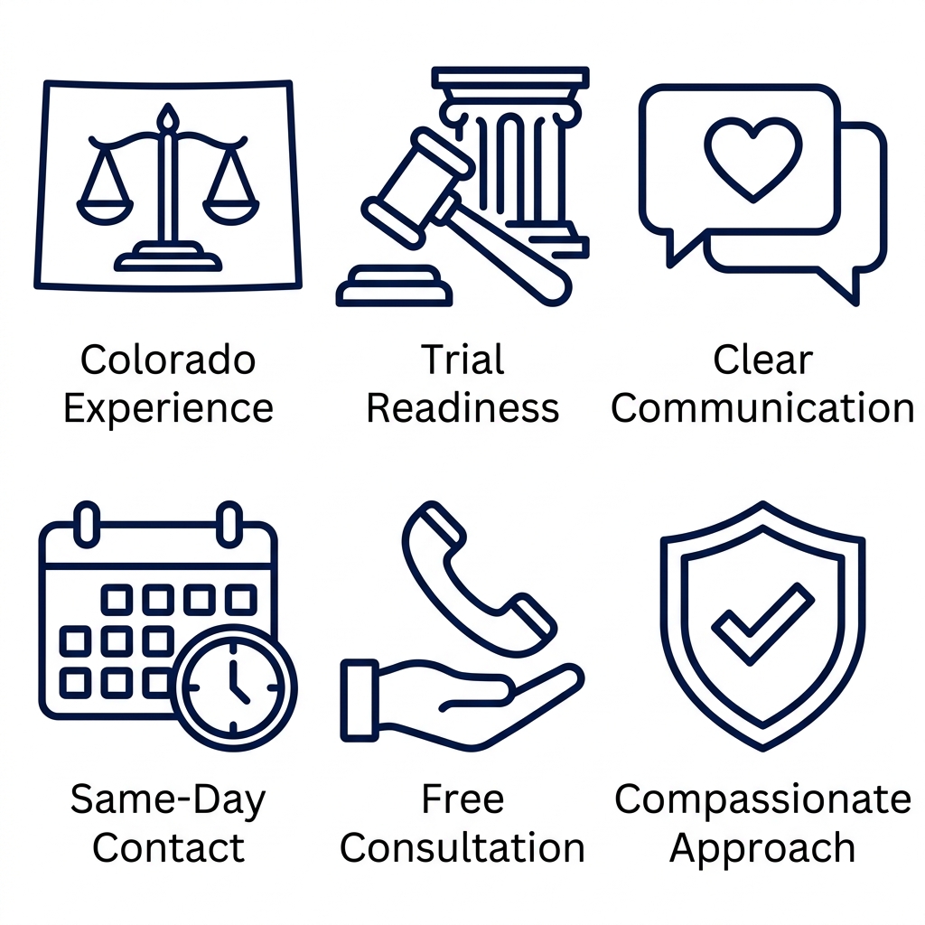 Icon set for divorce lawyer selection checklist: six icons representing Colorado Experience, Trial Readiness, Clear Communication, Same-Day Contact, Free Consultation, Compassionate Approach.