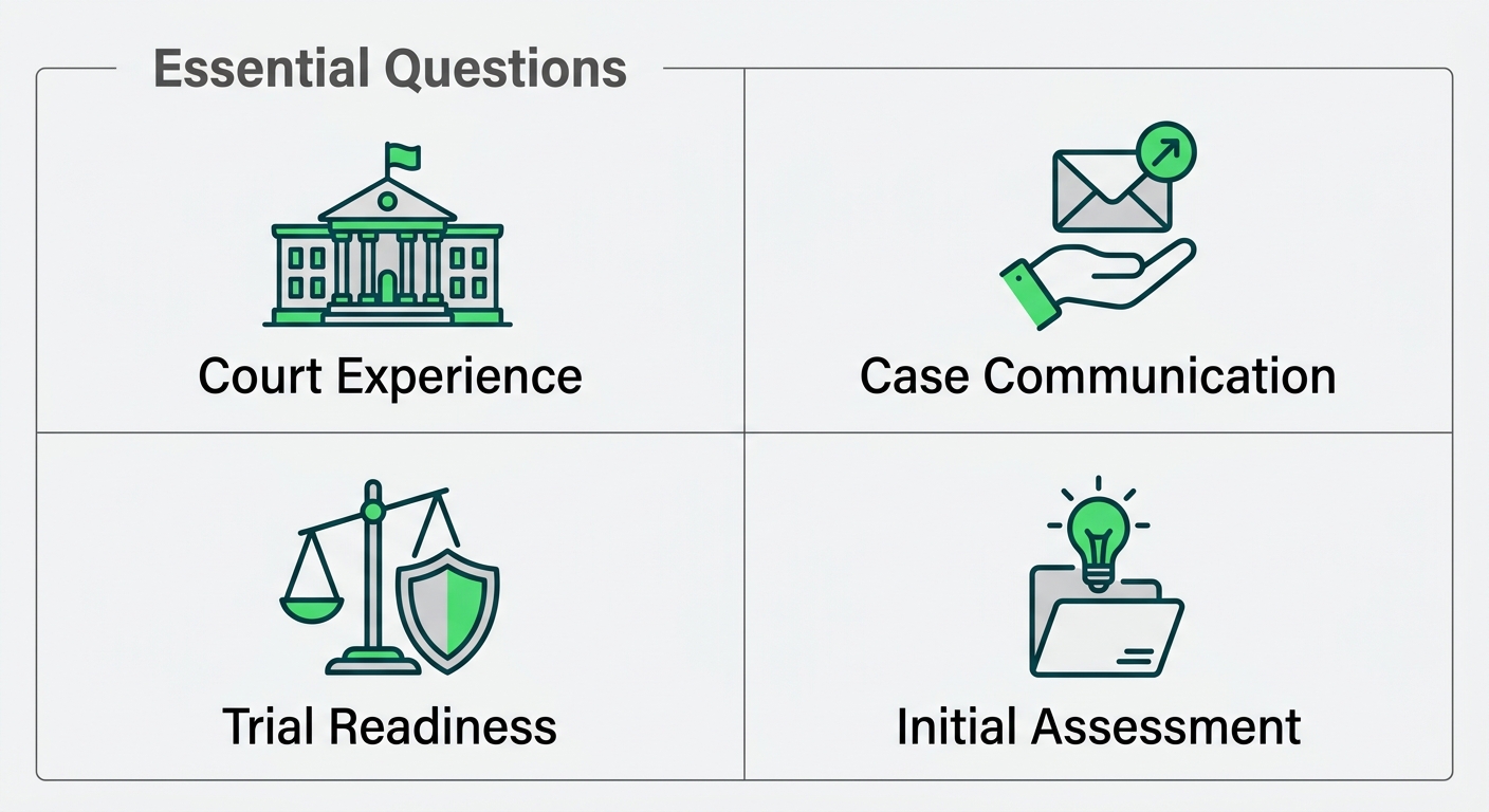 Icon set showing four essential questions to ask a criminal defense attorney, including court experience, trial readiness, case communication, and initial assessment.