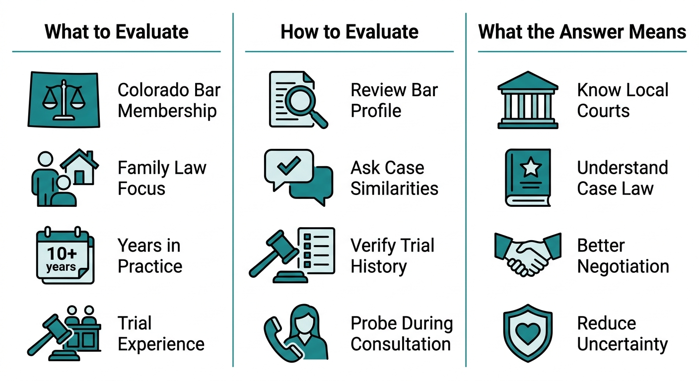 Infographic with three columns evaluating divorce lawyers: what to evaluate, how to evaluate, and what the answers mean, with teal icons and labels.