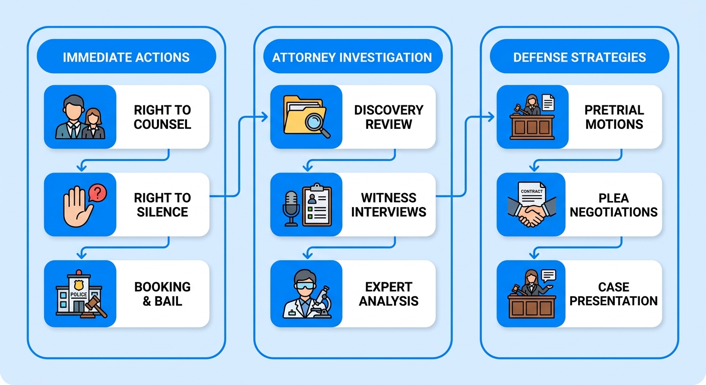 Horizontal process flow diagram showing three key stages of sex crime defense: Immediate Actions, Attorney Investigation, and Defense Strategies, connected by arrows in a clean blue and white professional style.