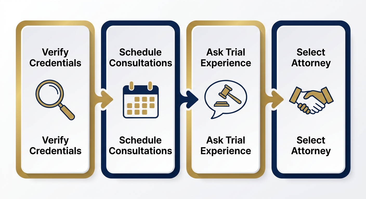 Four-stage horizontal flow diagram showing how to choose a divorce lawyer in Denver: verify credentials, schedule consultations, ask about trial experience, and select a trial-tested attorney.