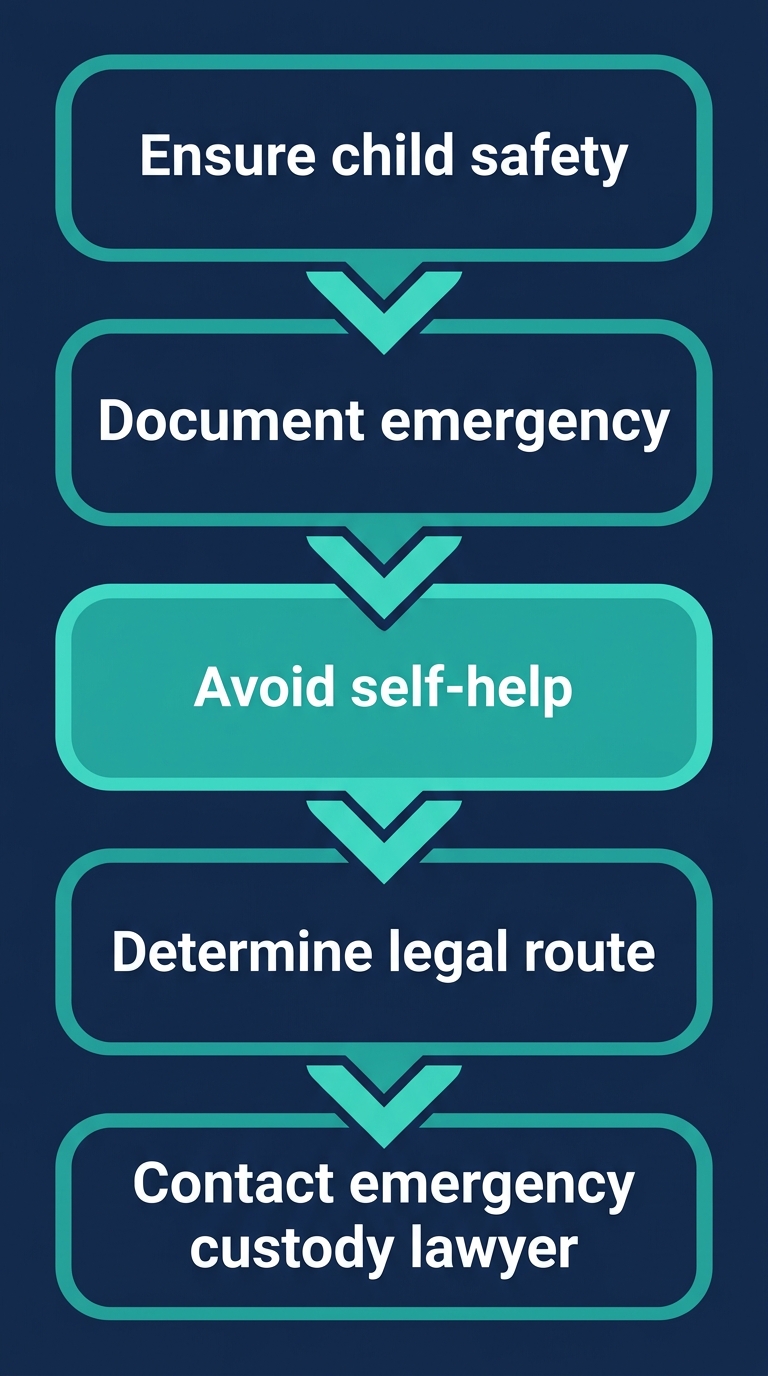Vertical process flow diagram for custody emergency steps: Ensure child safety, Document emergency, Avoid self-help, Determine legal route, Contact emergency custody lawyer.