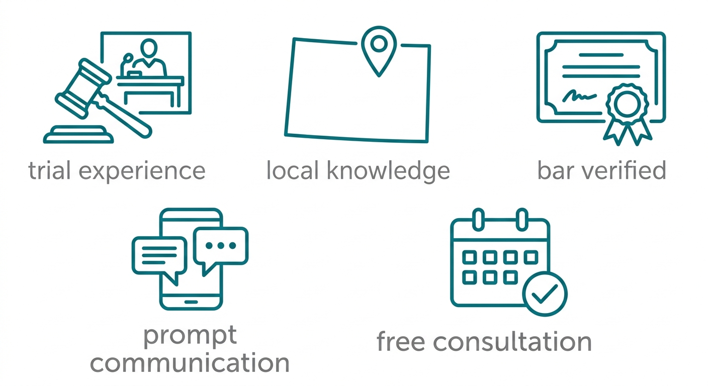 Icon set of five teal outline drawings with gray labels showing key priorities for choosing a Colorado criminal defense attorney: trial experience, local knowledge, bar verification, prompt communication, and free consultation.