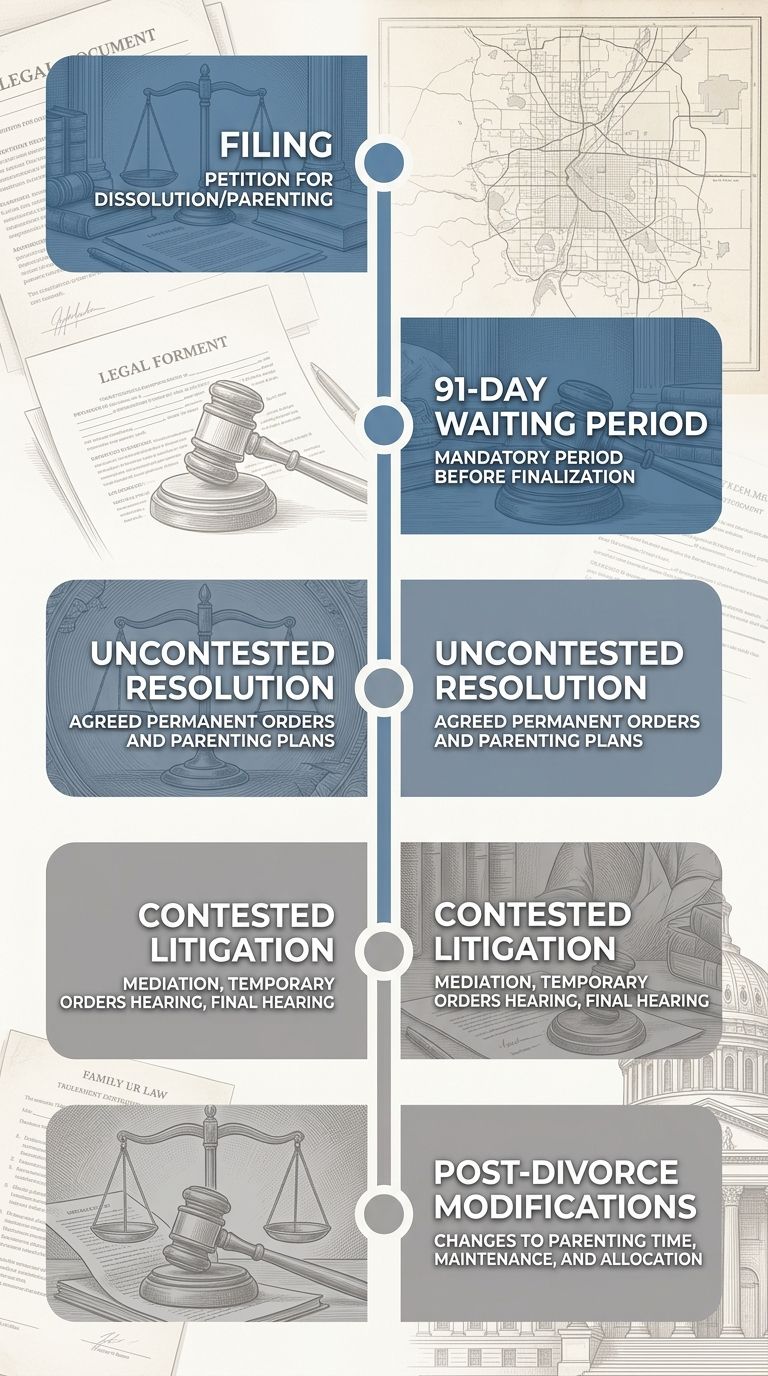 Vertical timeline of family law case milestones in Denver: Filing, 91-day waiting period, uncontested resolution, contested litigation, post-divorce modifications.